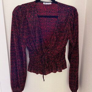 Zara Red and Black Low Cut, Tie Front Floral Womens Long Sleeve Top Size Medium